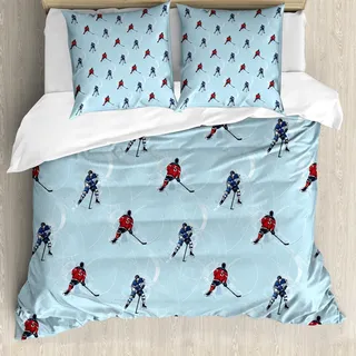 ABAKUHAUS Sport Bettbezug Set, Abstrakte Linien Hintergrund Eishockey Muster Wettbewerbsspiel Winter Saison, 200 x 200 cm + 80 x 80 cm, Schwarz Blau Rot