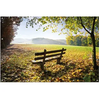 Wallario Outdoor-Poster für Garten oder Balkon, Motiv Idyllische Holzbank in den Bergen, in ca. 120 x 180 cm - Schwarz