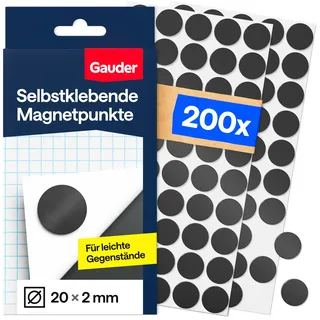 GAUDER Magnetpunkte selbstklebend stark - Runde Selbstklebende Magnete - Magnetplättchen selbstklebend rund für leichte Gegenstände - Magnete zum Kleben - Magnet Klebepads (200 Stück - 20 x 2 mm)