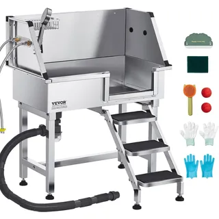 Vevor Hundewaschstation aus Edelstahl, 870x488x1025 mm Tierpflegewanne mit Ablagetreppe, Wasserhahn, Duschkopf & Seifenhalter, Hundebadewanne, für mittelgroße & kleine Haustiere (rechte Tür)