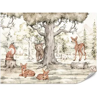 Muralo Fototapete für Kinderzimmer Waldtiere Aquarell Bär Fuchs Reh Bäume 500x350 , Grün, Orange, Braun, Beige, Grau , Papier , Märchen/ Fantasie, Tiere, Baum/Pflanze/Natur , Rechteckig , 500x350 cm ,