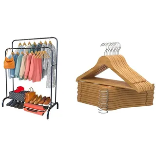 PORTENTUM Kleiderständer Stabil aus Stahl Schwarz mit Rollen und Doppelstange + 20 Kleiderbügel aus Holz Naturfarben mit Drehhaken | Premium-Lösung für Aufbewahrung und Stil