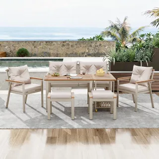 Flieks Gartenlounge-Set Gartenmöbelset 6 Personen, Balkonmöbel mit Servierwagen, Terassenmöbelset mit Kissen, Gartensofa Gartentisch, Beige - Beige
