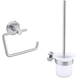 tesa® MOON Toilettenpapierhalter ohne Deckel + tesa® MOON WC-Bürste, Edelstahloptik, inkl. Klebelösung, garantiert rostfrei