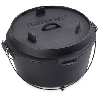 Echtwerk EW-GE-1225 Dutch Oven BBQ Kochtopf ca. 8 L, Bereits eingebrannt - preseasoned, Deckel mit Edelstahl Henkel als Pfanne nutzbar, Grilltopf für Indoor und Outdoor, Big-Edition, Gusseisen