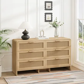okwish Sideboard Kommode Aufbewahrungsschrank mit 6 Schubladen aus Rattan,Schminktisch für Wohnzimmer, Schlafzimmer und Küche,Natur - Naturbelassen