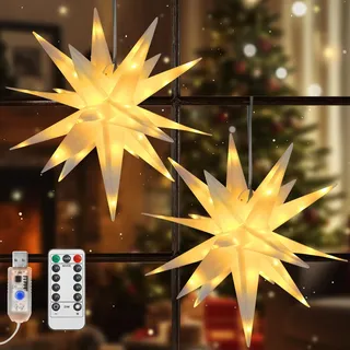 Lewondr 2 Stück Hängend Weihnachtsdeko Aussen Led Stern,40cm Weihnachtsstern Fenster Deko mit Intelligent APP-Fernbedienung & Timer,3D USB Hängend Sternlicht für innen und außen,Warmes Licht