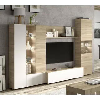 Habitdesign, Moderne Wohnwand 260 cm breit, TV-Möbel in kanadischer Eiche und Weiß Hochglanz, kompaktes Wohnzimmer-Set mit viel Stauraum, Maße: 260 x 185 x 42 cm (B x H x T), Modell Essential