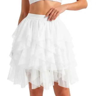 Alaoo Damen Tüll Röcke, Unregelmäßiger Tüllrock, High Low Layered Puffy Fee Röcke, 50er Rockabilly Petticoat Retro, Mehrschichtiger Mesh Faltenrock A-Linie Midi Rock für Party Karneval,Schwarz,L