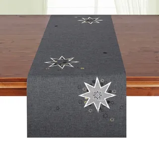 Tischläufer DELINDO LIFESTYLE "Weihnachtssterne" Gr. 1, grau (anthrazit), B:40cm L:140cm, Polyester, Tischdecken, Tischläufer, Glattes Gewebe, bestickt