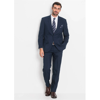 Anzug BONPRIX "Anzug (2-tlg. Set), Regular Fit", Herren, Gr. 62, N-Gr, dunkelblau (länge: regulär), Web, Obermaterial: 100% Polyester. Futter: 100% Polyester, gepflegt, unifarben, regular fit, Anzüge Anzug, Regular Fit, pflegeleichtes Material, zweiteiliges Set
