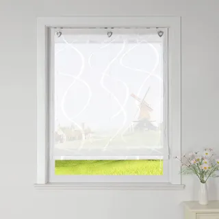 CORLIF Raffrollo Ausbrenner Gardinen Küchen Raffgardinen Landhaus Transparente Ösenrollo mit Wellenmuster Kurzvorhang Modern Rollos mit Ösen Weiß BxH 140x140 cm 1 Stück