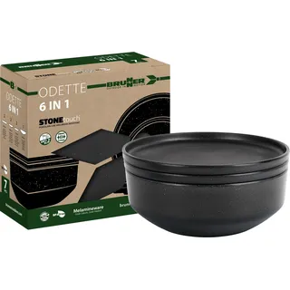 BRUNNER Melamin Geschirr-Set Camping 7-Teilig 6-in-1 Set ODETTE Stapelbar | Antislip (Antirutsch), 1-2 Personen, wie Steingut (StoneTouch), Bruchfest, Teller Schalen Salatschüssel, Wohnmobil Wohnwagen