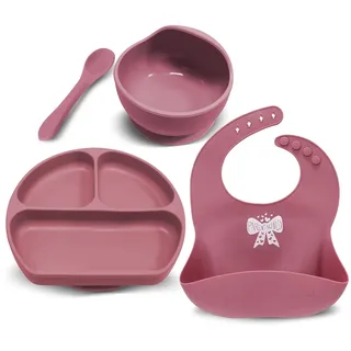 Baby Silikon Geschirrset mit Saugnapf Lätzchen Schüssel Löffel Mädchen Junge 4pcs