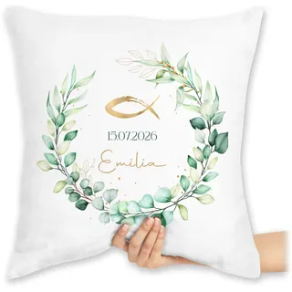 Kissen 40x40 Zierkissen - Geschenk Taufe Fisch Motiv Eukalyptuskranz | Taufgeschenk mit Name und Datum - 40 x 40 cm - Weiß - taufkissen konfirmation Taufe￼ füllung taufgeschenke Kommunion zur