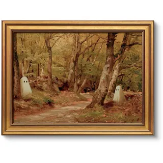 ARPEOTCY Vintage Leinwand Bilder, Herbst Landhaus Wald mit Geist Wandbild | Retro Herbst Deko, Kunstdruck Leinwand, Geister Poster Bilder mit Goldrahmen Wohnzimmer, Ghost Season Zimmerdeko 40 × 30cm