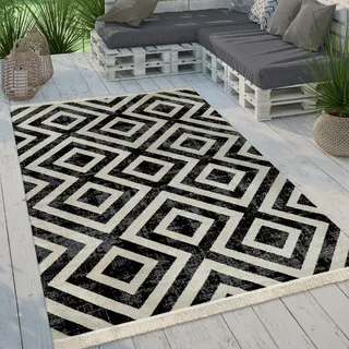 Moderner Outdoor Teppich Rauten-Muster Vintage-Look Flachgewebe Wetterfest Grösse 160 cm Rund - Schwarz, Grau, Hellblau, Gelb
