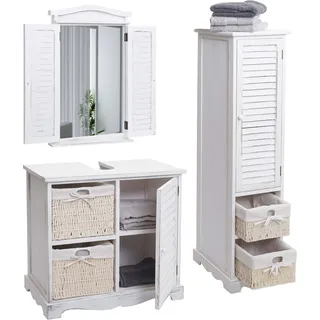Badezimmerset HWC-H20, Badmöbel-Set Hochschrank Waschbeckenunterschrank Wandspiegel shabby weiß - Weiß
