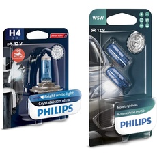 Philips 12342CVUBW Crystalvision Ultra Moto H4 Motorrad-Scheinwerferlampe, 1 Stück & X-tremeVision Pro150 W5W Signallampe, Doppelblister, 563230, Double blister