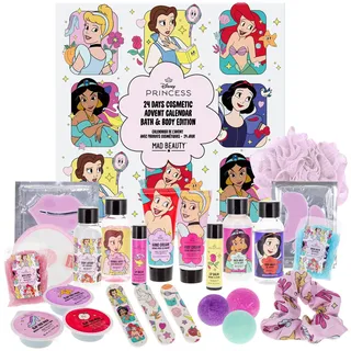 MAD Beauty – Disney Princess Adventskalender mit 24 Make up & Kosmetik Produkten, Wellness Adventskalender Prinzesssinen für Frauen mit Gesichtsmaske, Bodylotion, Haargummi – Weihnachtskalender Beauty