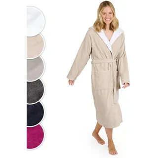 Blumtal Bademantel Damen Frottee in XL aus 100% Baumwolle - OEKO-TEX zert. Sauna Bademantel Damen Baumwolle aus Velour & Frottier- extra saugstarke Bathrobe Women - Morgenmantel Kapuze- Taupe/Weiß