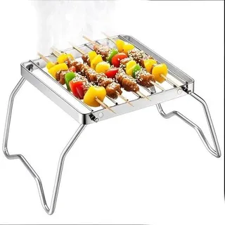 Unyqoos® Faltbarer Edelstahl-Campinggrill mit tragbarem Grillrost – großer, kompakter Outdoor-Grill für offenes Feuer, Holzkohle, Gas & Campingkocher, stabile Standfüße - Silber