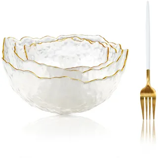 soulnioi Kristall-Salatschüssel-Set, Glas-Obstschale, Süßigkeiten-Snack-Dessertschale, transparent, Mehrzweck-Schüssel, dekorative Schüssel mit Gabel für Zuhause, Hochzeit, Party, 380/700/1450 ml