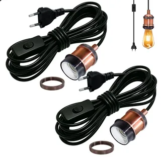 Industrielle Messing Hängelampe mit Stecker, 2 Stück Vintage Schwarz 5M Dicken Runden Kabel, Retro Pendelleuchte Kit mit Schalter, Rote Kupfer E27 Lampefassung Hängeleuchte,für Küche, Ohne Glühbirne
