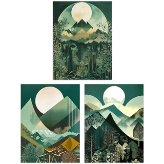 Artery8 Set of 3 Geometric Forest Mountain Landscape Boho Art Deco Tan Teal Green Full Moon Sunrise Artworks Unframed Wall Art Living Room Poster Prints Pack