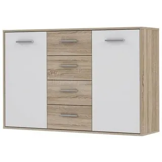 Forte ANTUZA Kommode 120 130, Kommode mit 2 Türen und 4 Schubladen, Sideboard modern, Holzwerkstoff, Sonoma Eiche Holzdekor/Weiß, 122,6 cm breit x 88,1 cm hoch x 34,2 cm tief