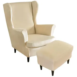 Highdi 2 Teilig Samt Ohrensessel Überzug Mit Ottomane Schonbezug, Sessel-Überwürfe Ohrensessel Schonbezüge Bezug Sesselhusse Stretch Tiger Stuhlbezug mit Armlehne Hohe Rückenlehne (Beige)