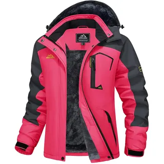 MAGCOMSEN Sportjacke Damen Winter Ski Jacket Winterjacke mit Fleece Parka Wärme Arbeitsjacke Abnehmbarer Kapuze Rosa L