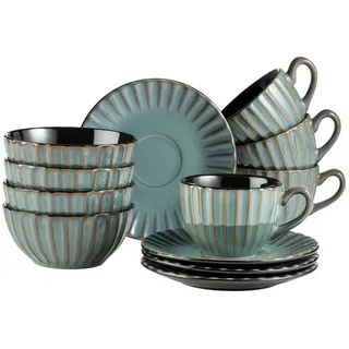 Mäser Frühstücksservice , Braun, Petrol , Keramik , 12-teilig , Geschirr, Geschirrsets, Kaffeeservice