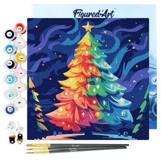 Figured'Art Mini Malen Nach Zahlen Erwachsene Mit Rahmen 20x20cm Kleines Format - Bunter Weihnachtsbaum - Paint by Numbers Basteln DIY Bastelset Leinwand gespannt auf Holzrahmen