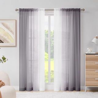 Melodieux Graue Ombré-Vorhänge, Leichter Chiffon-Farbverlauf, Fenstervorhänge, Sichtschutz, Stangentaschen-Voiles, Elegante Fenstervorhänge (142,2 x 205,7 cm, 2 Stoffbahnen)