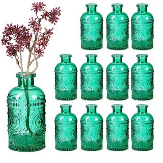 Relaxdays 12xGLASVASE , Dunkelgrün , Glas , Rund , 13 cm , Dekoration, Vasen, Glasvasen