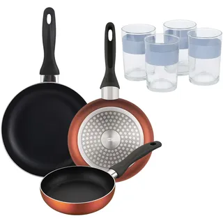 Well Home Set mit 3 Pfannen, Ø 16 x 20 x 24 cm, aus gepresstem Aluminium, kupfer-metallic, mit 4 Gläsern à 0,5 l