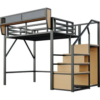 okwish Hochbett 140x200cm mit Sicherheitsleiter und Stauraum Jugendzimmer Schwarz ohne Matratze