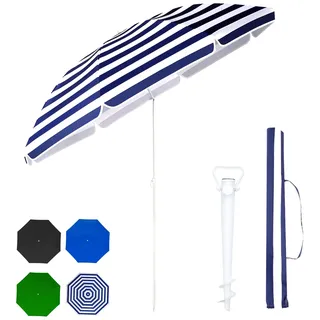 Sekey Sonnenschirm Ø 160 cm Rund Strandschirm Balkonschirm mit Tragetasche und Bodenhülse UV-Schutz Stabil und Windfest, Blau-Weiß gestreift - Blau
