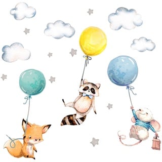 Little Deco Wandtattoo Wandsticker Kinderzimmer Tiere Waschbär Fuchs Wandaufkleber Aufkleber Babyzimmer Spielzimmer Sterne Deko Maus Baby Junge Mint DL206-27