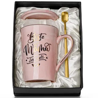 Mama geschenk, Mama Weihnachtsgeschenke, Beste Mama der Welt Tasse, Muttertagsgeschenke für Mama, mama geschenk weihnachten, 14Oz Keramik Kaffeetasse mit Deckel, Löffel, Geschenkbox, Grußkarte