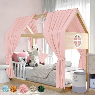 Alishomtll Hausbett Himmel Deko Set, 2 Betthimmel Hausbett aus 100% Baumwolle Musselin, 1 Wimpelkette 300cm, Kinderbett Baldachin Stoffhimmel für Mädchen Jungen Kinderzimmer, 135x270cm Rosa