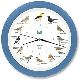 KOOKOO Singvögel Himmel-Blau, Die Singende Vogeluhr, mit 12 heimischen Singvögeln und echten, natürlichen Vogelstimmen, mit RC Funkquarzwerk