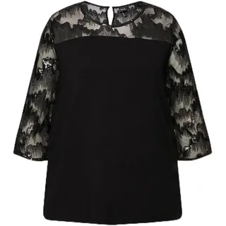 Ulla Popken T-Shirt Shirtbluse Stickerei Pailletten Rundhals 3/4-Arm schwarz 58/60