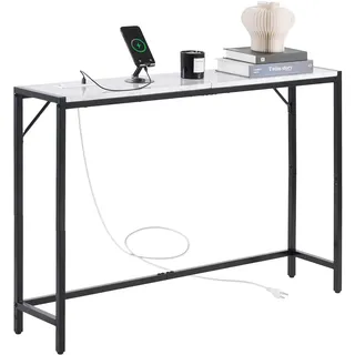VEVOR Konsolentisch aus Marmor, moderner Langer Flurtisch (110 cm) mit Steckdose, dünner Sofa-Beistelltisch mit Eisenrohren, Kippschutz & dreieckiger Stütze für Wohnzimmer Flur Eingangsbereich
