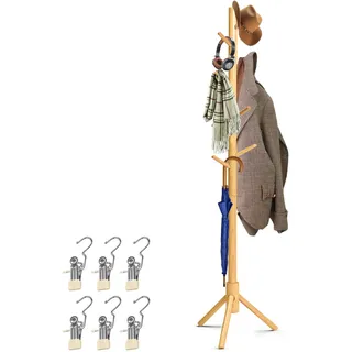 KATLKIU Garderobenständer aus Massivholz mit 8 Haken & Edelstahl-Clips – Moderner Garderobenständer für Flur, Schlafzimmer, Büro, freistehend aus Kiefernholz – Naturfarbe