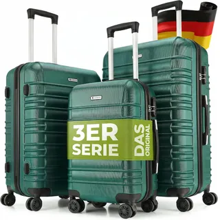 Juskys Kofferset Rom 3-teilig Hartschale Dunkelgrün, 360° Rollen | Handgepäck & Reisekoffer in M, L, XL mit 55, 84 und 120 l, Zahlenschloss, Teleskopgriff, Trolley aus ABS