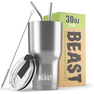 Beast Thermobecher 900 ml - Silber I Mehrweg Thermo Kaffeebecher To Go mit 2 Strohhalmen & Reinigungsbürste I Doppelwandiger Trinkbecher aus Edelstahl I Perfekt für Kaffee oder Eiskaffee I BPA-frei