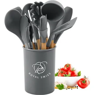 Küchenutensilien Set 12-teilig – Silikon & Edelstahl – Hitzebeständig 210°C – Mit Halter – Royal Swiss® - Grau