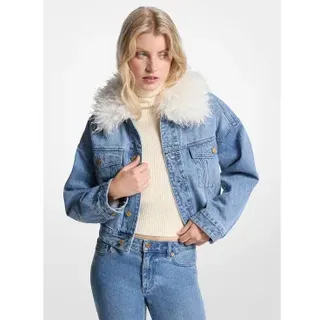 Michael Kors für Damen. MF510C8FAU Jeansjacke mit blauem Fellimitatkragen (M/L), Lässig, Baumwolle, Denim